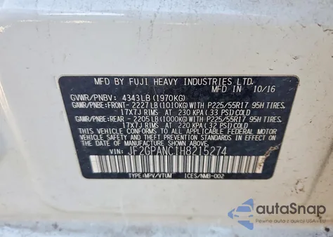 2017 Subaru Crosstrek 2.0I Limited z USA, uszkodzony, nr VIN JF2GPANC1H8215274